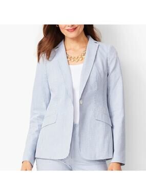 Talbots NWT Blue White Stripe Seersucker Lightweight One Button Blazer Jacket